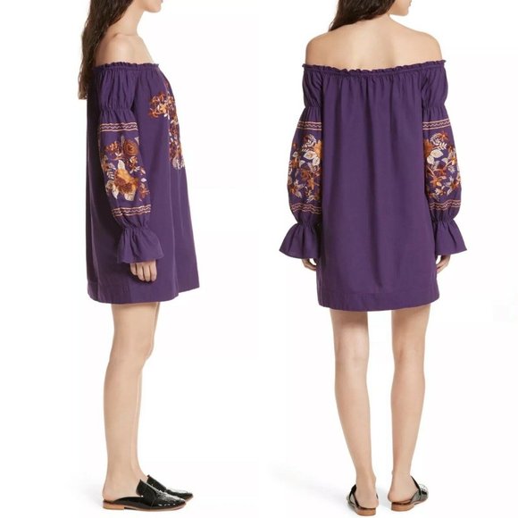 Free People Fleur Du Jour Purple Shift Dress Purple Sz XS Embroidered Off Should - Picture 2 of 10